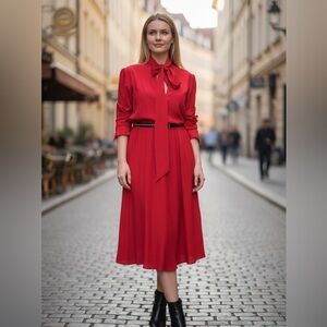 Lillie Rubin Red Tie-Neck Midi Dress